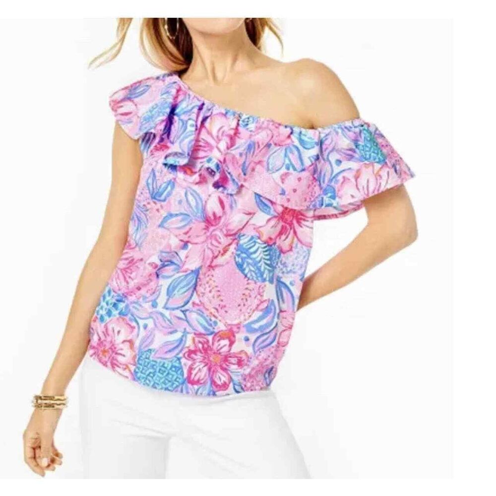 NWT Lilly Pulitzer Zeldie One-Shoulder Ruffle Top Pink Isle Snappy Turtle Size M
